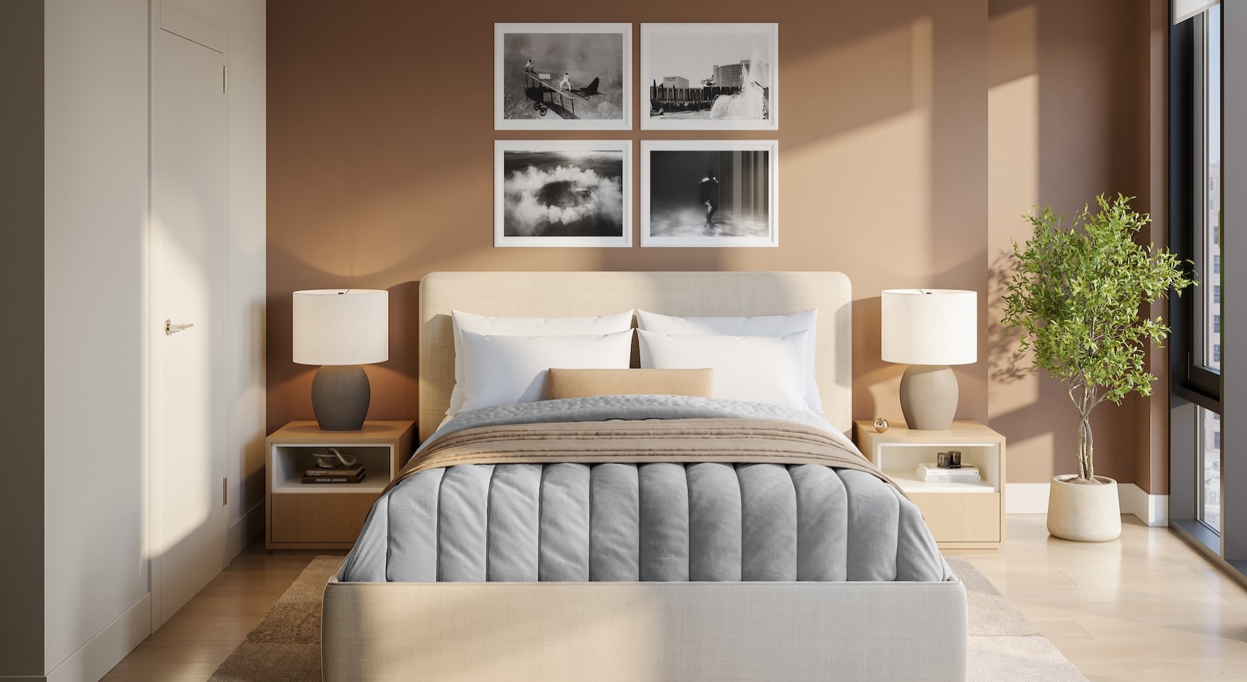 a bedroom with a bed and two nightstands