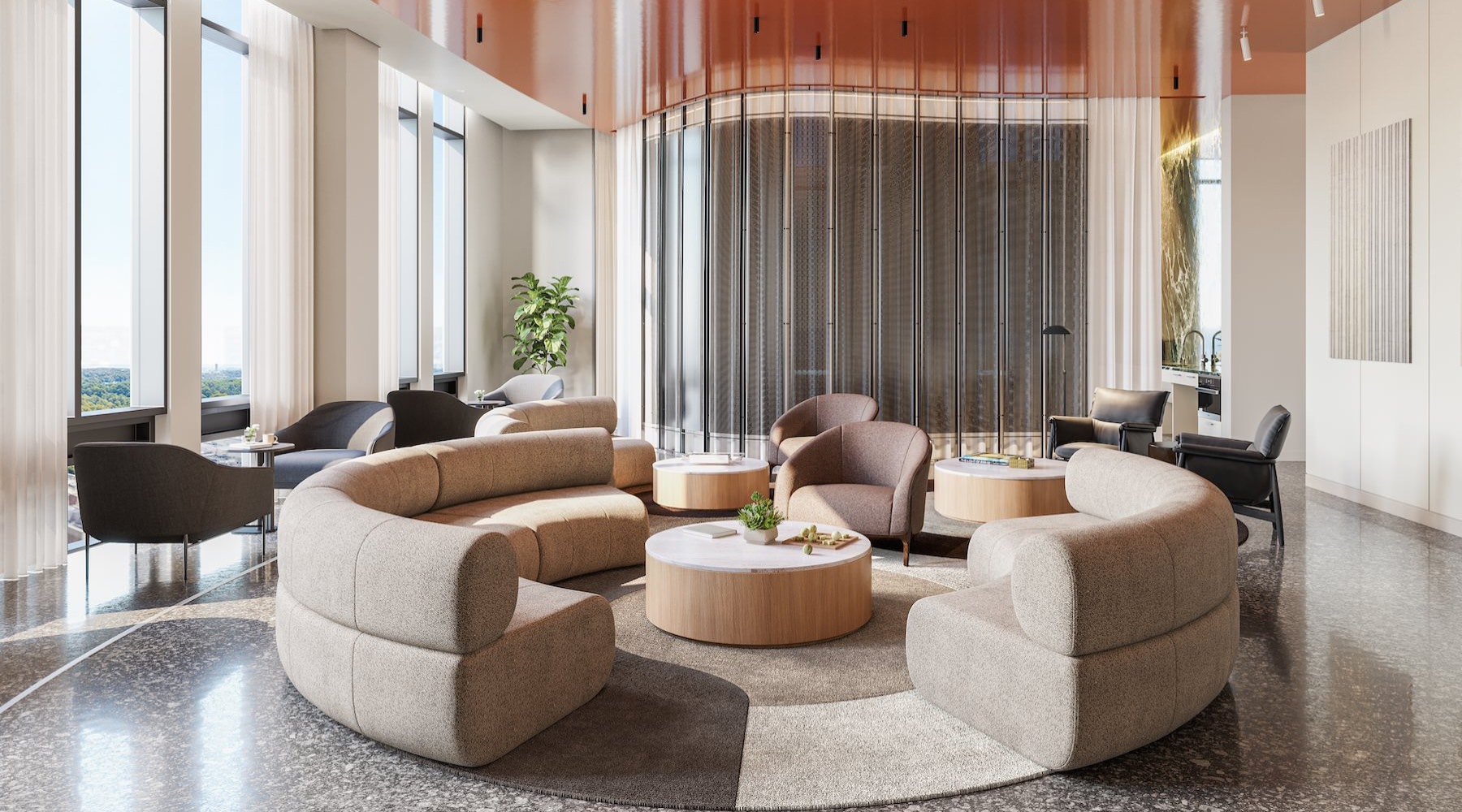 a clubroom with a large couch