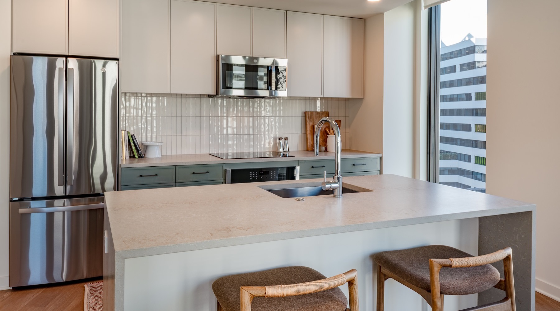 a kitchen with white cabinets