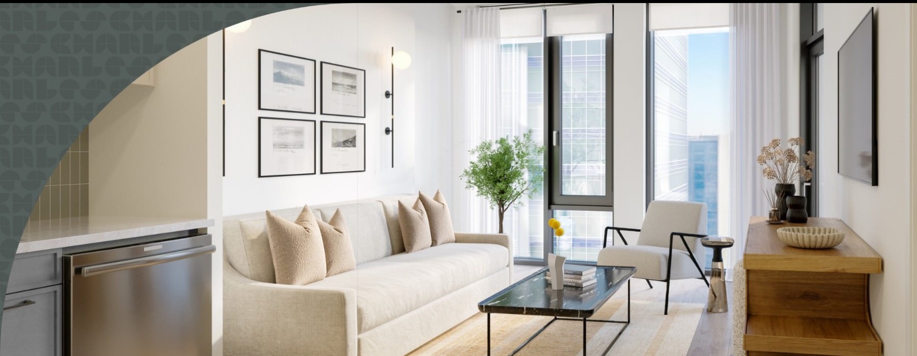 a living room with a couch and a table