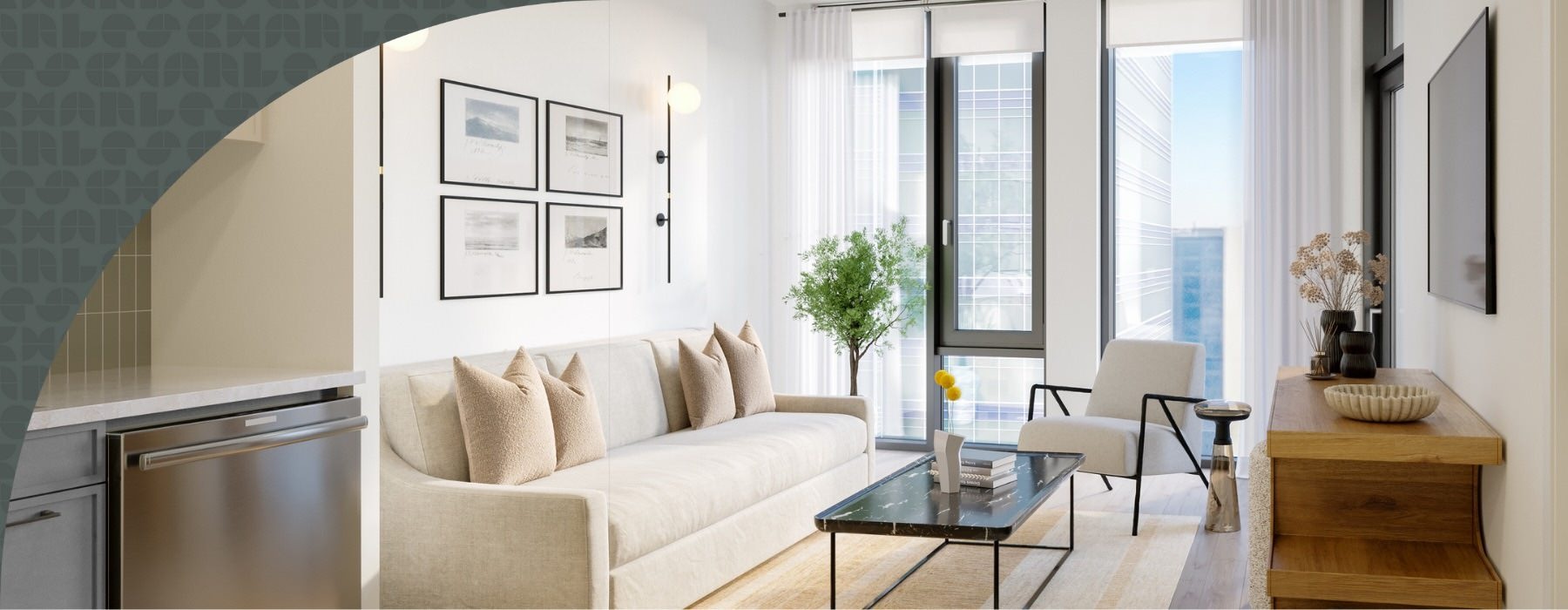 a living room with a couch and a table