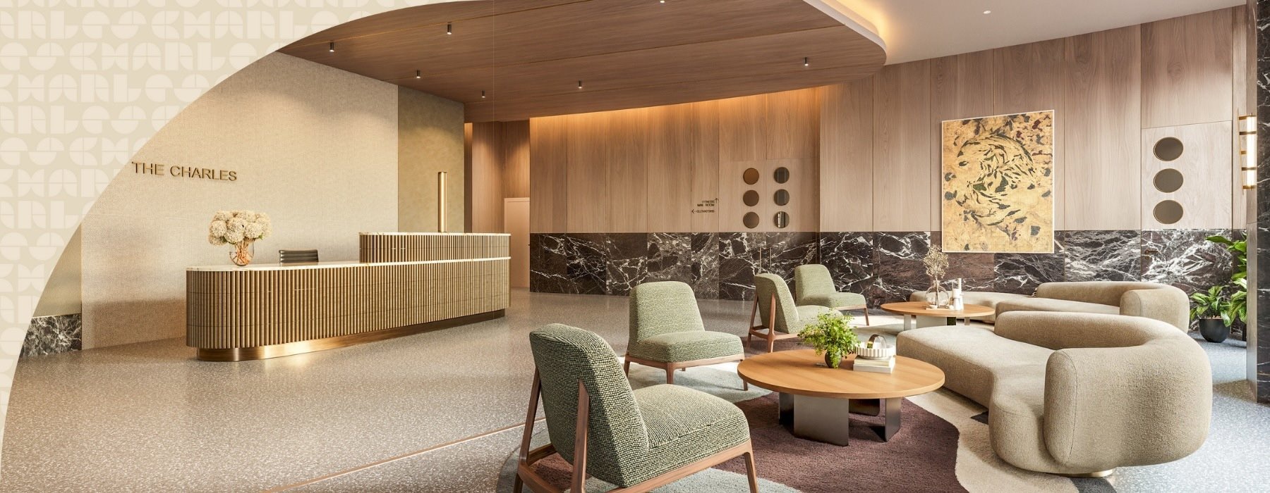 a room with a couch and chairs