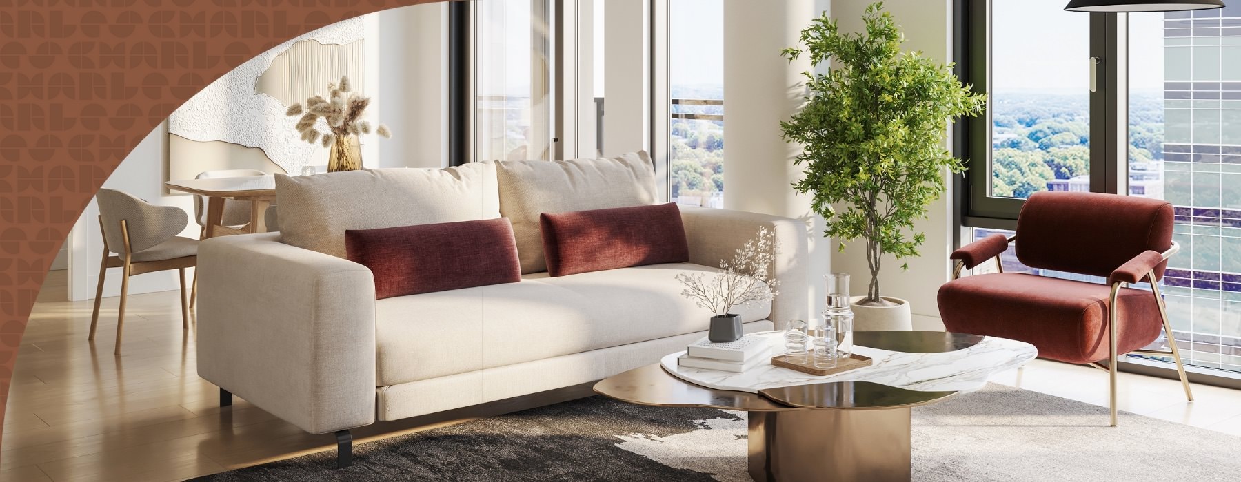 livingroom with white couch and red pillows